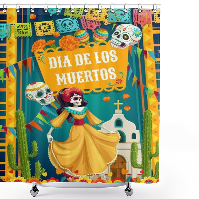 Personality  Day Of Dead Catrina Calavera Woman And Paper Flags Shower Curtains