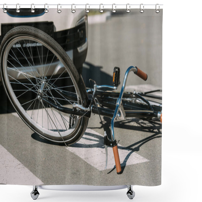 Personality  Close Up View Of Broken Bicycle And Car On Road, Car Accident Concept Shower Curtains