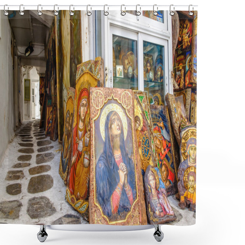 Personality  Mykonos, Greece - 8 September 2015: Mykonos Old Town Alley With  Shower Curtains