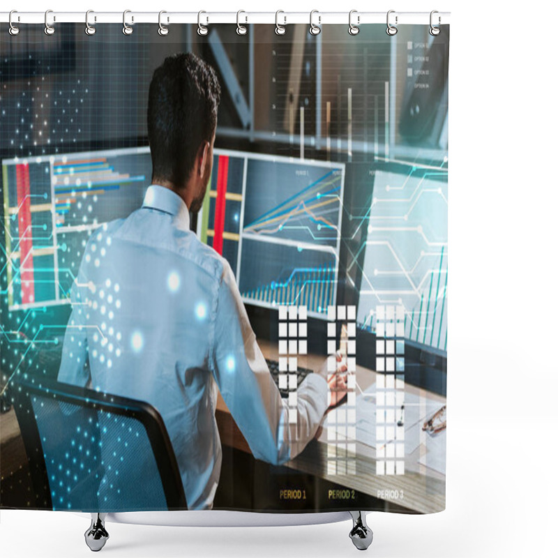 Personality  Back View Of Trader Working Near Computer With Graphs  Shower Curtains