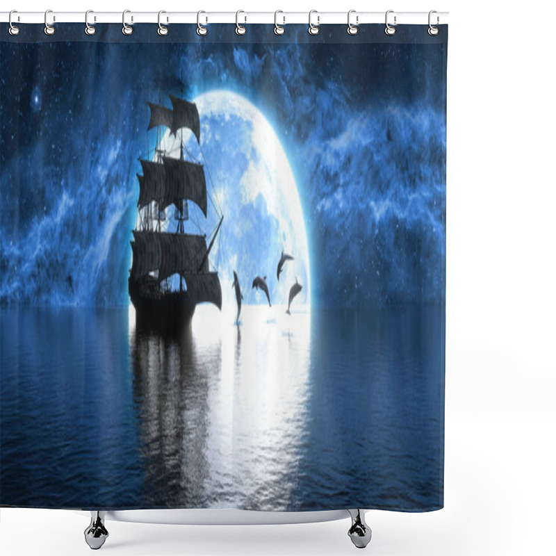 Personality  Ship And A Flock Of Frolicking Dolphins Against The Background Of A Large Full Moon, 3d Illustration Shower Curtains