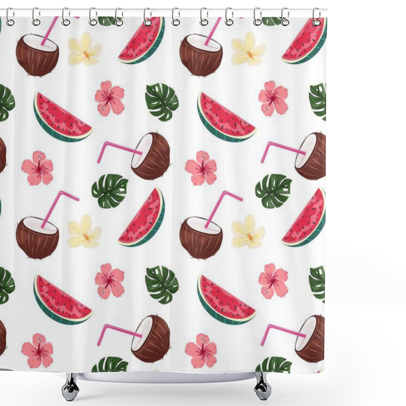 Personality  Summer Background With Fruits. Exotic Jungle Seamless Pattern With Watermelon, Coconut, Leaves And Flowers On White Background. For Textile, Cards, Wrapping Paper, Packaging. Shower Curtains