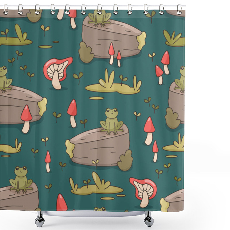 Personality  Cute Hand Drawn Cartoon Seamless Vector Pattern Background Illustration With Green Frogs On The Rock, Red Mushrooms And Grass Shower Curtains