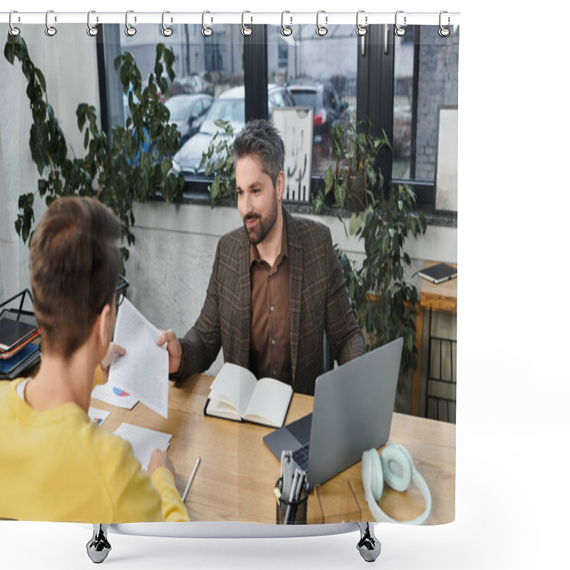 Personality  Two Professionals Interact At A Desk In A Stylish Office Space During An Onboarding Session. Shower Curtains