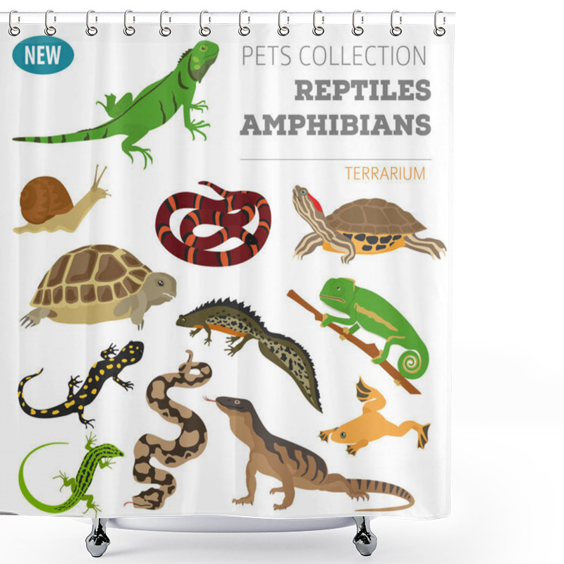 Personality  Pet Reptiles And Amphibians Icon Set Flat Style Isolated On Whit Shower Curtains