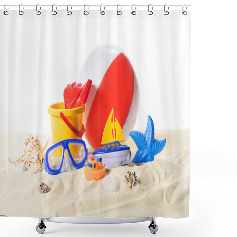 Personality  Beach Ball And Toys In Sand Isolated On White Shower Curtains