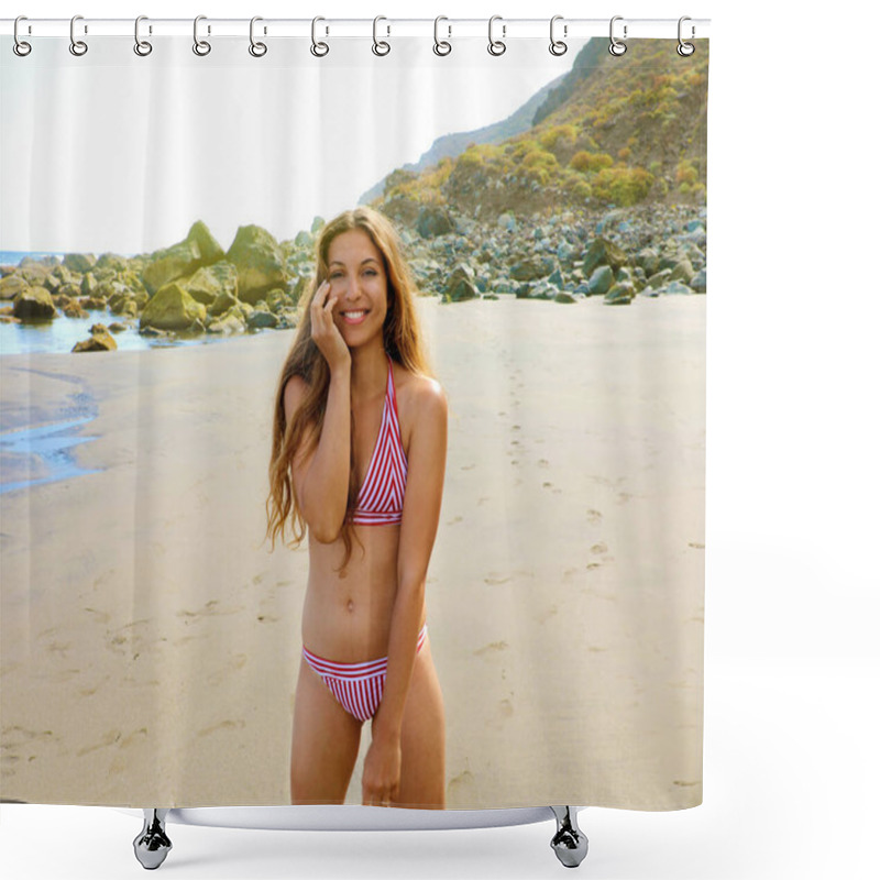 Personality  Beautiful Smiling Woman In Bikini Standing At Hidden Beach In Tenerife Shower Curtains