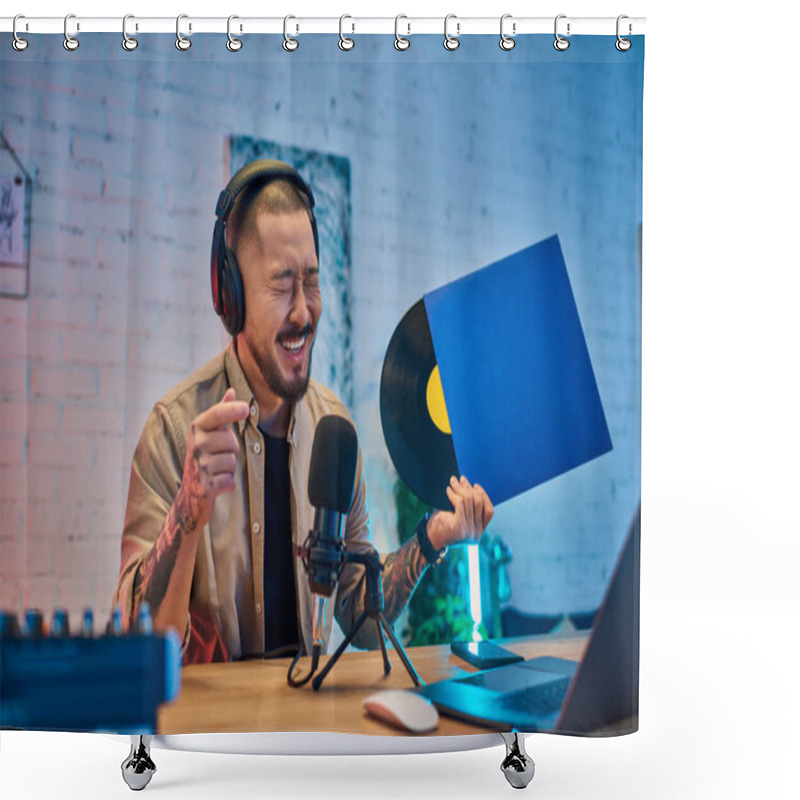 Personality  A Man Sits In His Studio, Wearing Headphones And A Microphone, Recording A Podcast. Shower Curtains