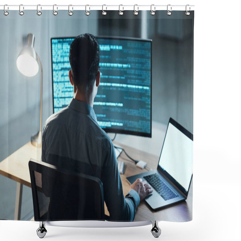 Personality  Office, Programming And Man With Technology, Code And Typing With Data Analytics, Cyber Security And Software Update. Male Person, Programmer And Developer With Laptop, Database And Cloud Computing. Shower Curtains