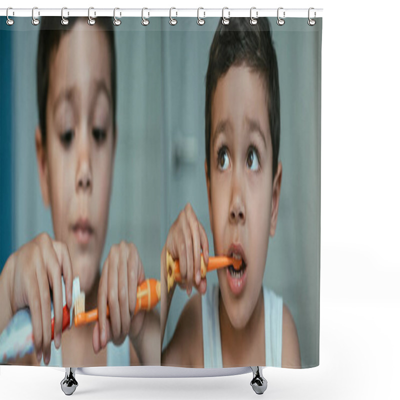 Personality  Collage Of Adorable Kid Applying Toothpaste On Toothbrush And Brushing Teeth In Bathroom, Panoramic Shot Shower Curtains