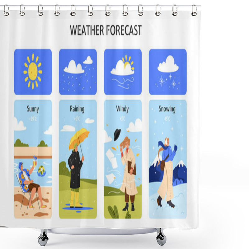 Personality  Weather Forecast Set. Posters With People At Sunny, Raining, Snowing And Windy. Autumn, Summer, Spring And Winter Scenes. Cartoon Flat Vector Collection Isolated On White Background Shower Curtains