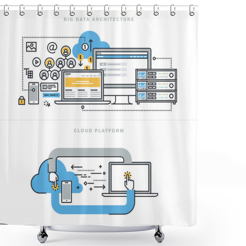 Personality  Flat Line Design Concepts For Big Data Architecture, Big Data Technology, Database Analytics, Mobile Cloud Computing, Cloud Platform And Solutions. Shower Curtains