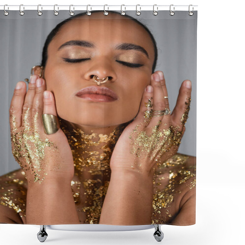 Personality  Portrait Of Stylish African American Woman With Golden Foil On Chest And Hands Isolated On Grey  Shower Curtains