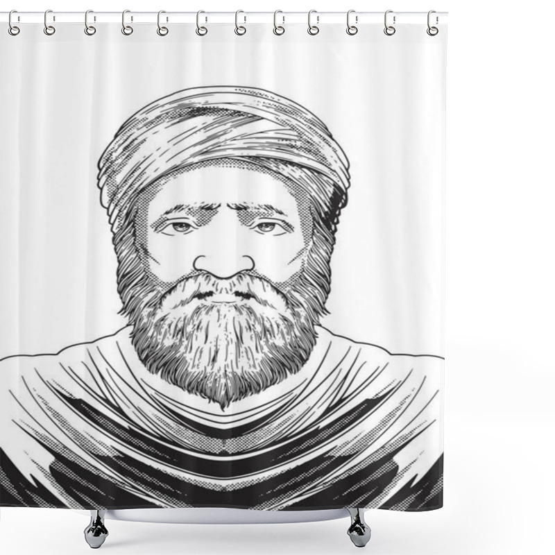 Personality  Ibn Taymiyyah 1263-1328 Hand Drawn Engraving Portrait. Renowned Theologian And Islamic Scholar. Vector Illustration Monochrome Colors. Historical Figure Drawing. Shower Curtains