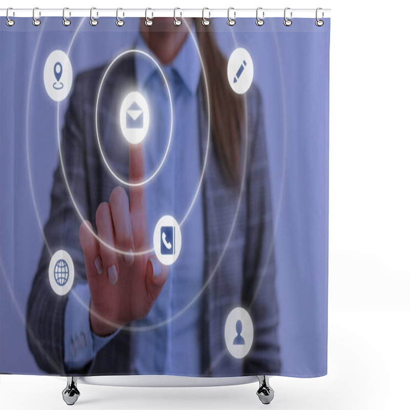 Personality  Female Human Presenting A Presentation Using The Latest Sophisticated Devices. Woman Wear Formal Working Suit Introducing How Smart Gadget Works. Photo Of Modern Life. Shower Curtains