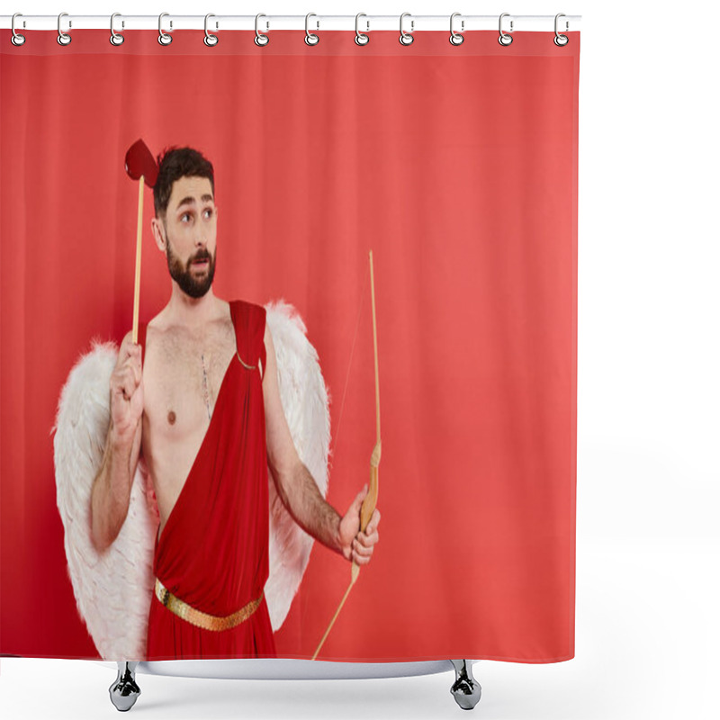 Personality  Thoughtful Bearded Cupid With Bow And Heart-shaped Arrow Looking Away On Red, St Valentines Concept Shower Curtains