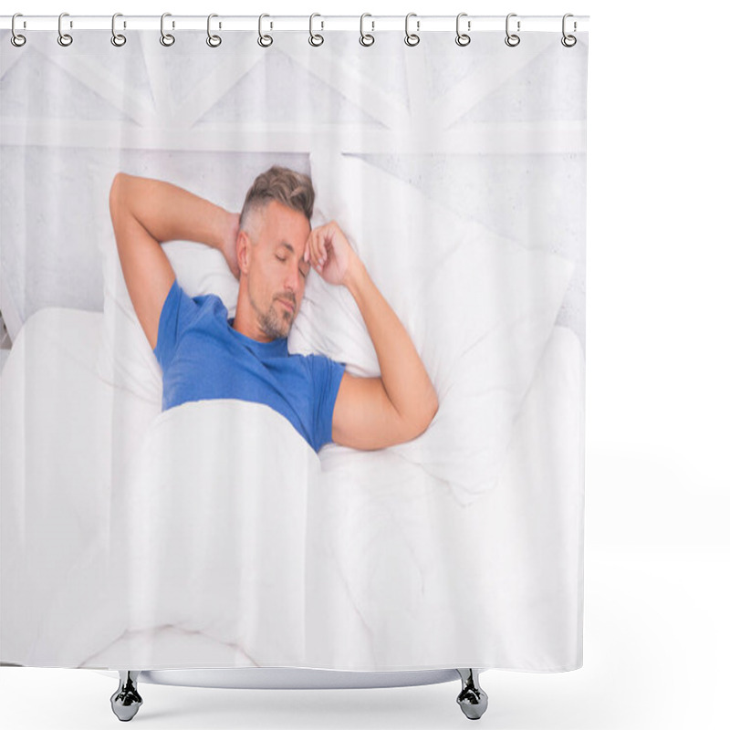 Personality  Breathe Easily, Sleep Well. Handsome Man In Bed. Sleeping Guy At Home. Relaxed Man. Promote Prevention And Management Of Sleep Disorders. World Sleep Day. Benefits Of Good And Healthy Sleep Shower Curtains