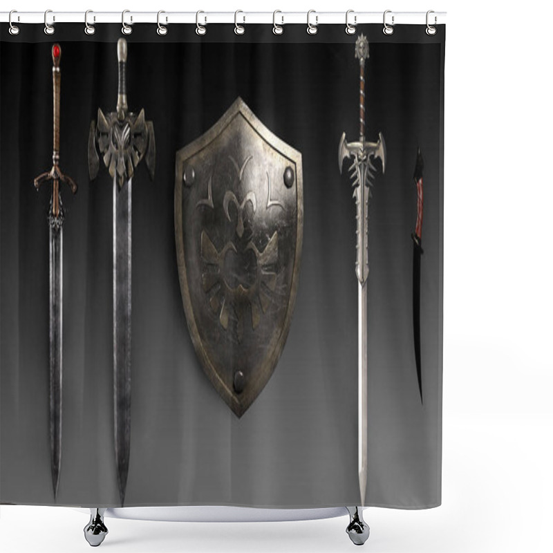 Personality  Fantasy Or Historical Weapons And Shield On Background Shower Curtains