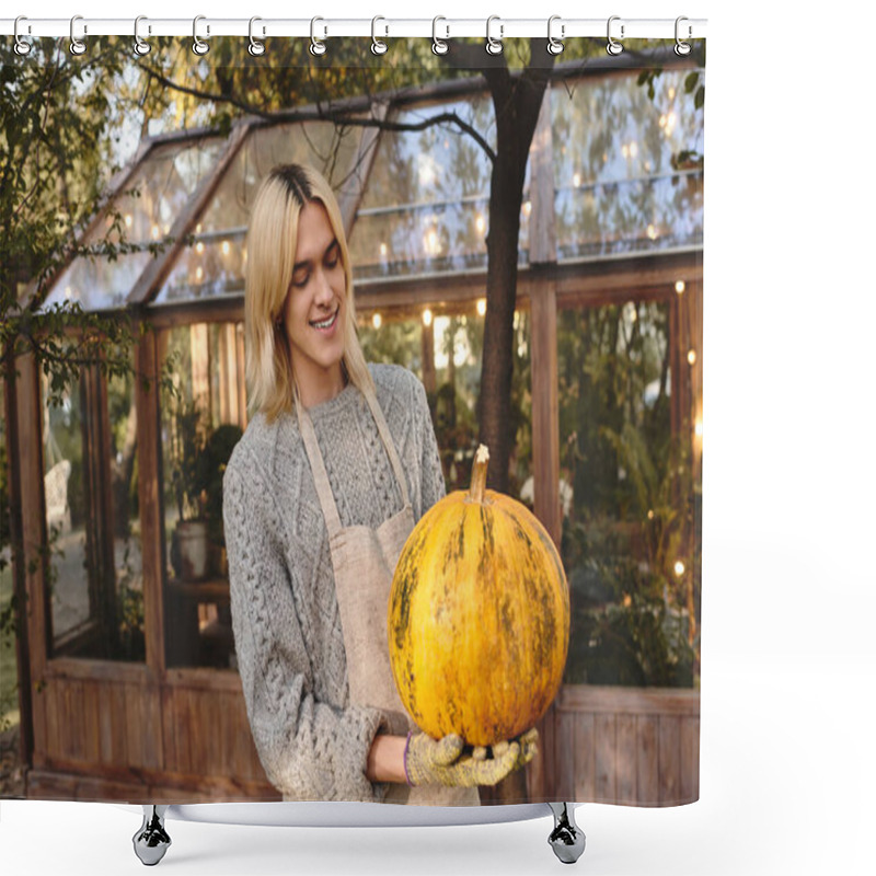 Personality  A Charming Young Man With Long Blond Hair Holds A Vibrant Pumpkin With A Warm Smile. Shower Curtains