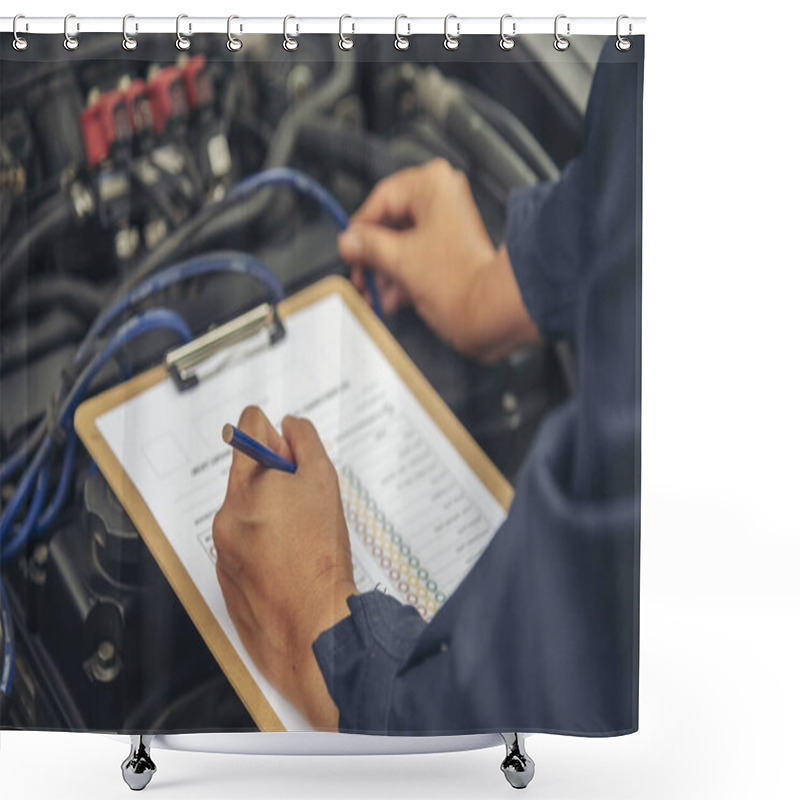 Personality  Close Up Man Hands Fixing Car Machinery Vehicle Mechanical Service. Mechanic Man Hands Repairing Car Auto Repair Shop. Open Vehicle Hood Checking Up Auto Mobile. Vehicle Car Maintenance Engineer. Shower Curtains