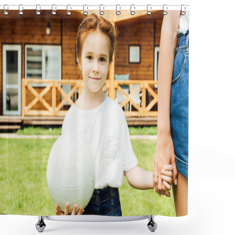 Personality  Adorable Little Child With Volleyball Ball Holding Mothers Hand Shower Curtains