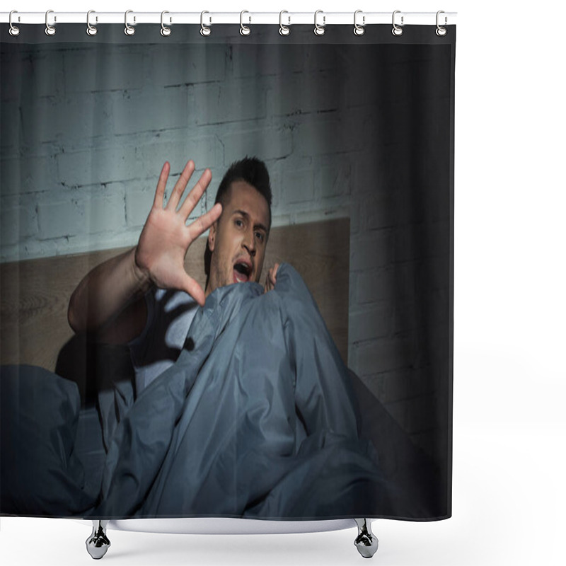 Personality  Scared Man With Panic Attacks Screaming While Lying Under Blanket  Shower Curtains