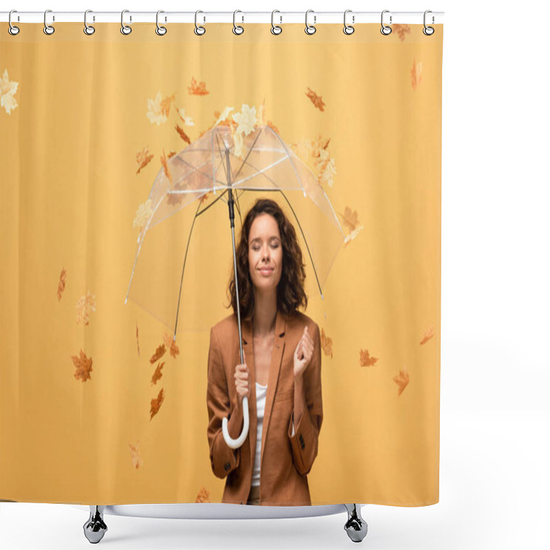 Personality  Happy Curly Woman In Brown Jacket With Closed Eyes Holding Umbrella In Falling Golden Maple Leaves Isolated On Yellow Shower Curtains