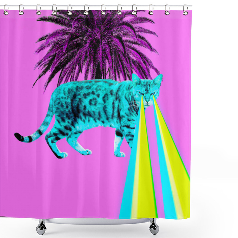 Personality  Tropical Leopard Cat With Lasers From Eyes. Minimal Collage Fashion Concept Shower Curtains