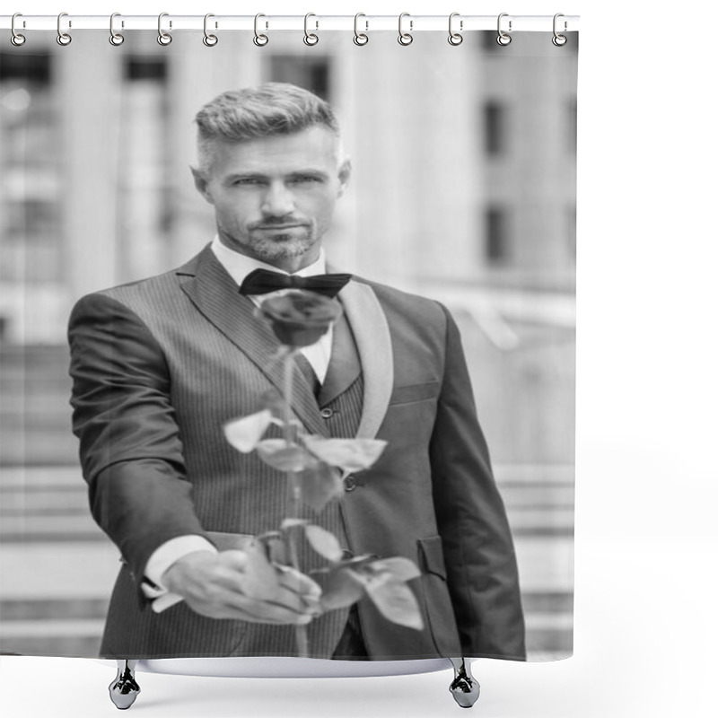 Personality  Engagement Concept. Tuxedo Man Celebrating Engagement. Man With Rose Gift For Engagement. Selective Focus. Shower Curtains