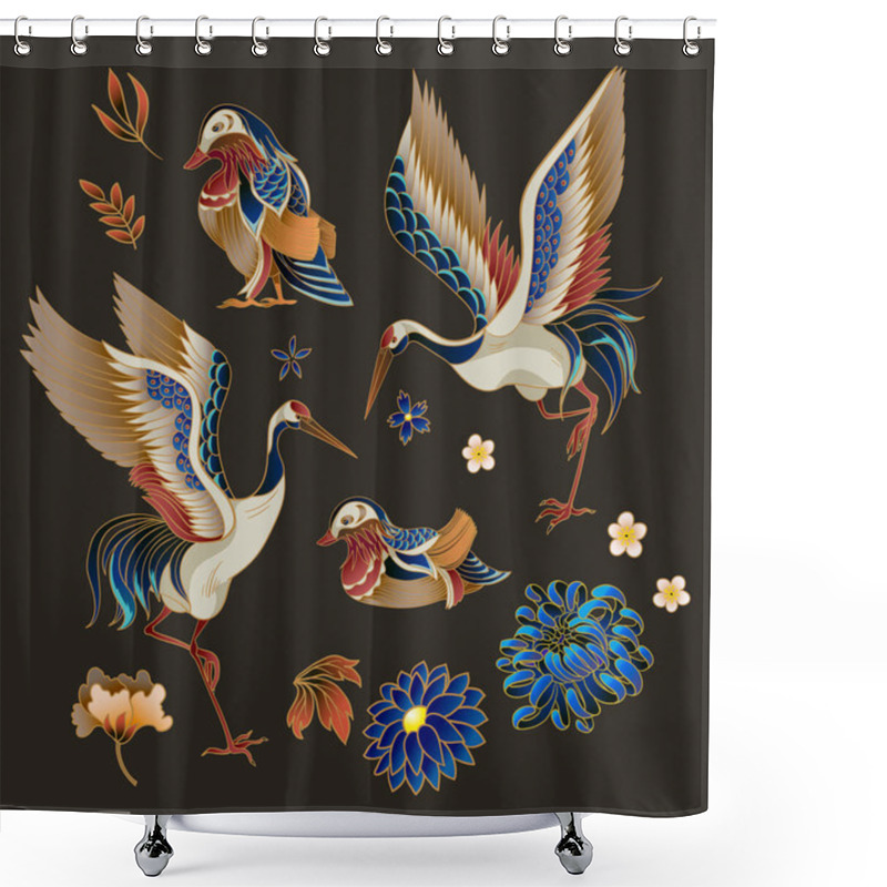 Personality  Mandarin Ducks, Flowers And Cranes Isolated. Vector. Shower Curtains