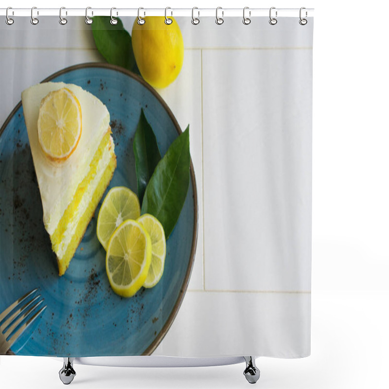 Personality  A Piece Of Lemon Cream Cake On A Plate, Presentation Of Delicious Sliced Lemon Cake, Top View. Shower Curtains