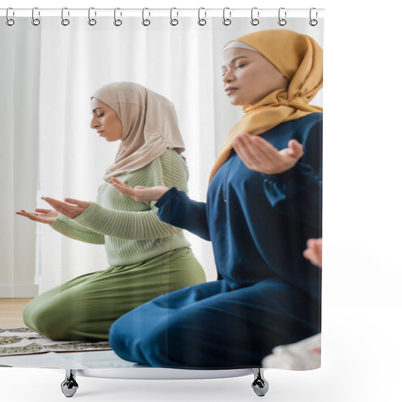 Personality  Asian Mother And Young Muslim Daughter Praying At Home  Shower Curtains