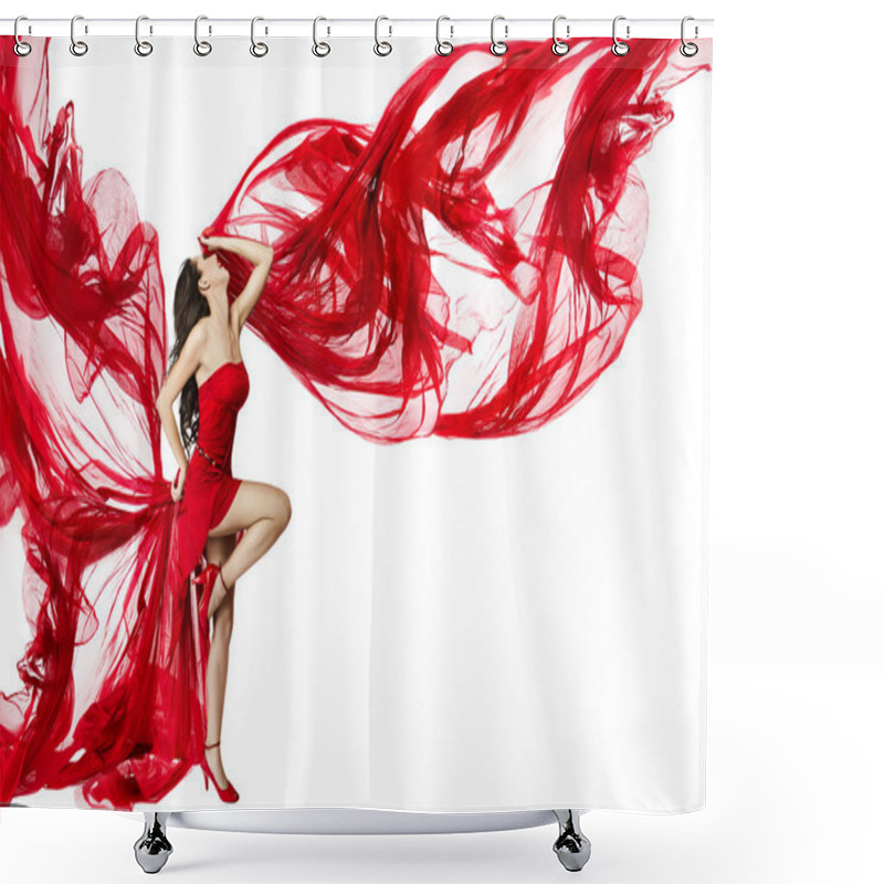 Personality  Woman Red Dress Flying On Wind Flow Dancing On White, Fashion Model Shower Curtains