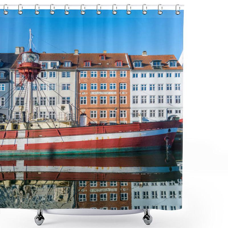 Personality  COPENHAGEN, DENMARK - 06 MAY, 2018: Boat And Houses Reflected In Water At Nyhavn Pier, Copenhagen, Denmark Shower Curtains