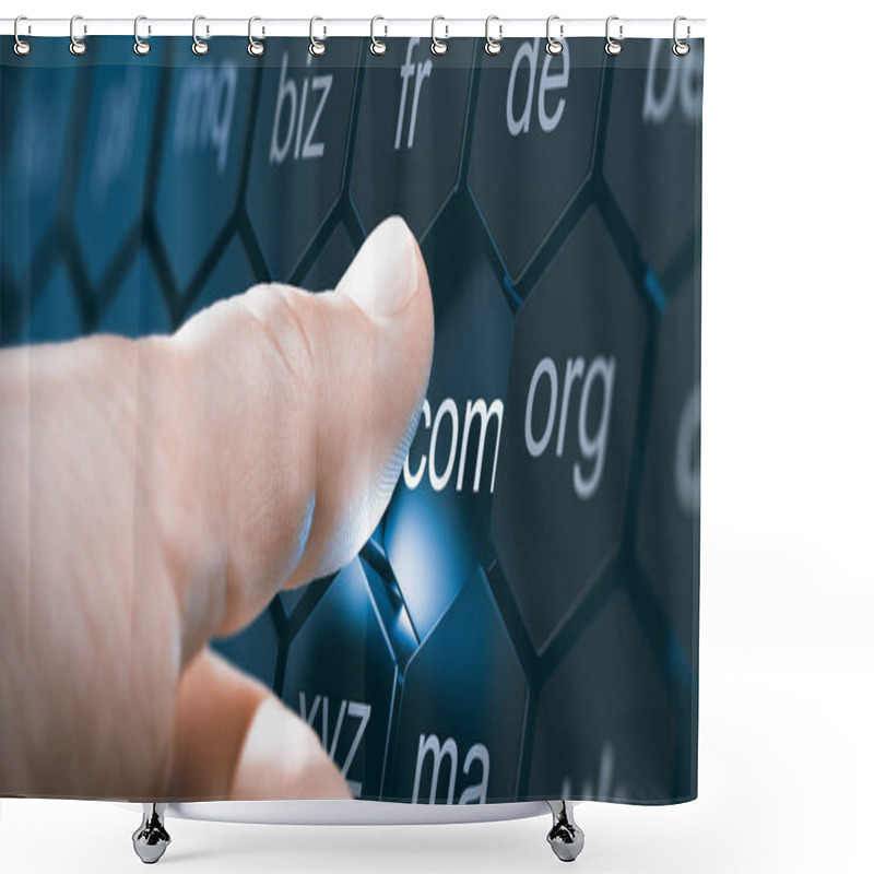 Personality  Man Selecting A Domain Extention By Pressing An Hexagonal Button. Composite Image Between A Hand Photography And A 3D Background. Shower Curtains