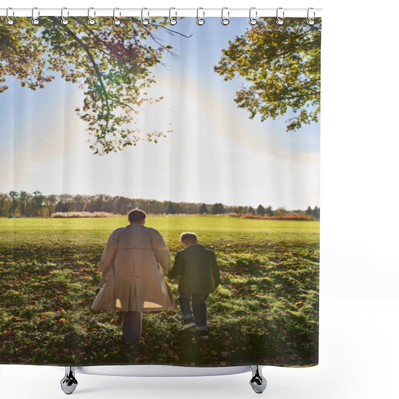 Personality  Back View, Mother And Son Walking In Park, Hold Hands, Autumn, Fall Season, Trees, African American Shower Curtains