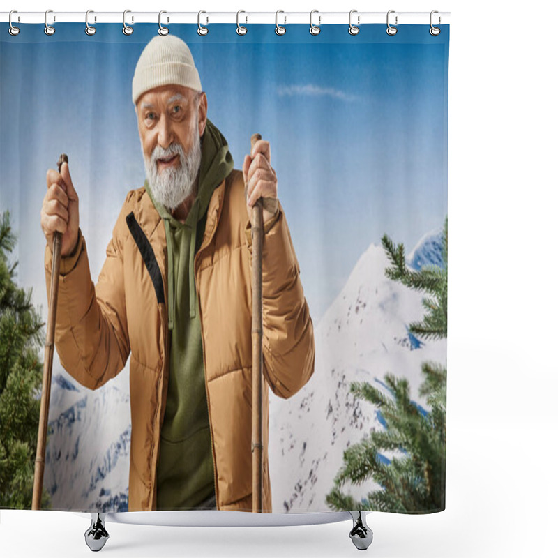 Personality  Cheerful Man Standing On Skis Wearing White Hat And Jacket With Mountains Backdrop, Winter Concept Shower Curtains