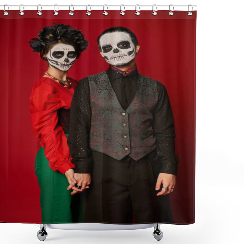 Personality  Stylish Couple In Dia De Los Muertos Sugar Skull Makeup Holding Hands And Looking At Camera On Red Shower Curtains