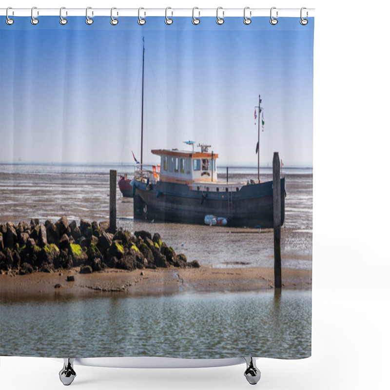 Personality  The Wadden Sea, With Its Fascinating Interplay Of High And Low Tide Or In Other Words Ebb And Flow, Gives You A Great View At The Soil Of The Sea, The Boats Are Waiting For The New Flow To Sail Again, Picture Taken At Schiermonnikoog Shower Curtains