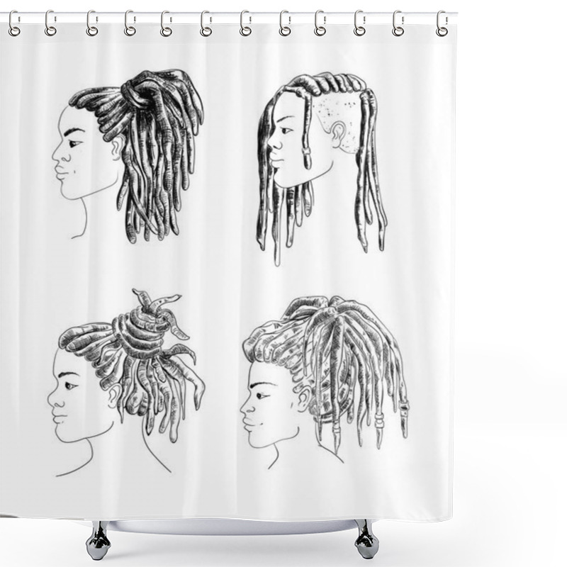 Personality  Portrait Of Men And Women With Dreadlocks In Profile. Isolated On White Background. Black And White Vector Illustration In Sketch Style  Shower Curtains