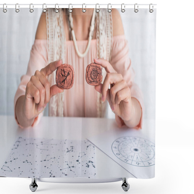 Personality  Cropped View Of Blurred Astrologer Holding Clay Runes Near Star Charts Shower Curtains