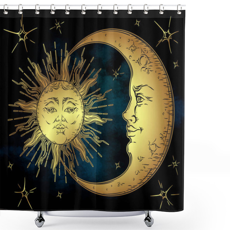 Personality  Antique Style Hand Drawn Art Golden Sun, Crescent Moon And Stars Over Blue Black Sky. Boho Chic Design Vector Shower Curtains