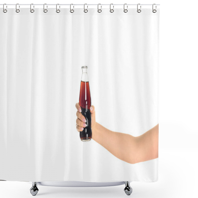 Personality  Cropped Shot Of Woman Holding Bottle Of Soda Isolated On White Shower Curtains