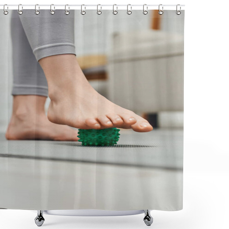 Personality  Cropped View Of Woman Using Manual Massage Ball While Massaging Feet And Standing On Fitness Mat At Home, Body Relaxation And Holistic Wellness Practices, Balancing Energy, Close Up  Shower Curtains