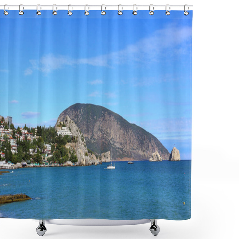 Personality  GURZUF, CRIMEA - OCTOBER 1: View Of The Bay With A Seaside Settlement Against The Backdrop Of A Mountain On The Coastline - On October 1, 2020 In Gurzuf, Crimea Shower Curtains