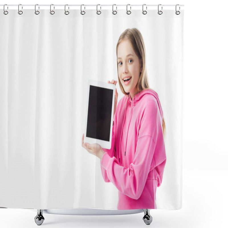 Personality  Happy Teenage Girl Holding Digital Tablet With Blank Screen Isolated On White Shower Curtains