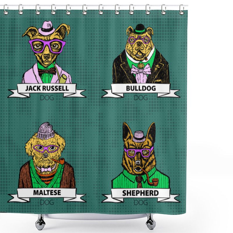 Personality  Hipster Animals Set Dog, Large Group Of Dog Breeds, Isolated Vector Shower Curtains