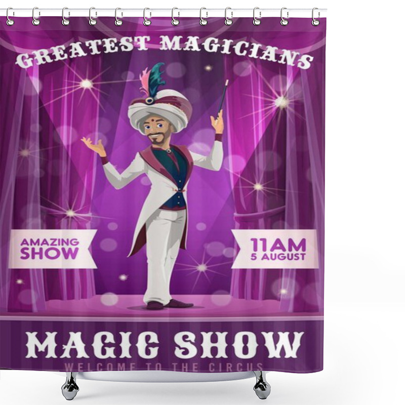 Personality  Magician Wizard, Circus Poster, Magic Show Illusionist In Hat, Vector Tricks Performer. Big Top Circus Magician Illusionist In Arabian Turban Hat And Feather At Arena Stage In Purple Spotlight Shower Curtains