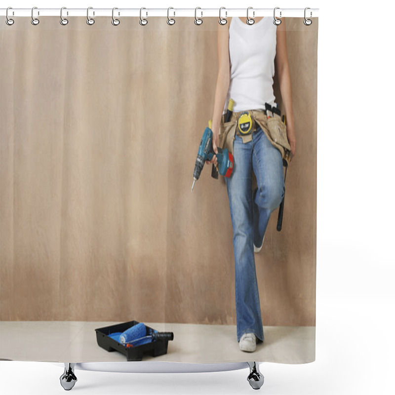 Personality  Woman With Toolbelt And Drill Shower Curtains