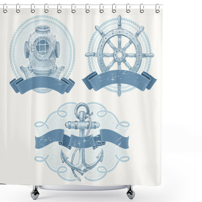 Personality  Nautical Vector Emblems With Hand Drawn Elements Shower Curtains